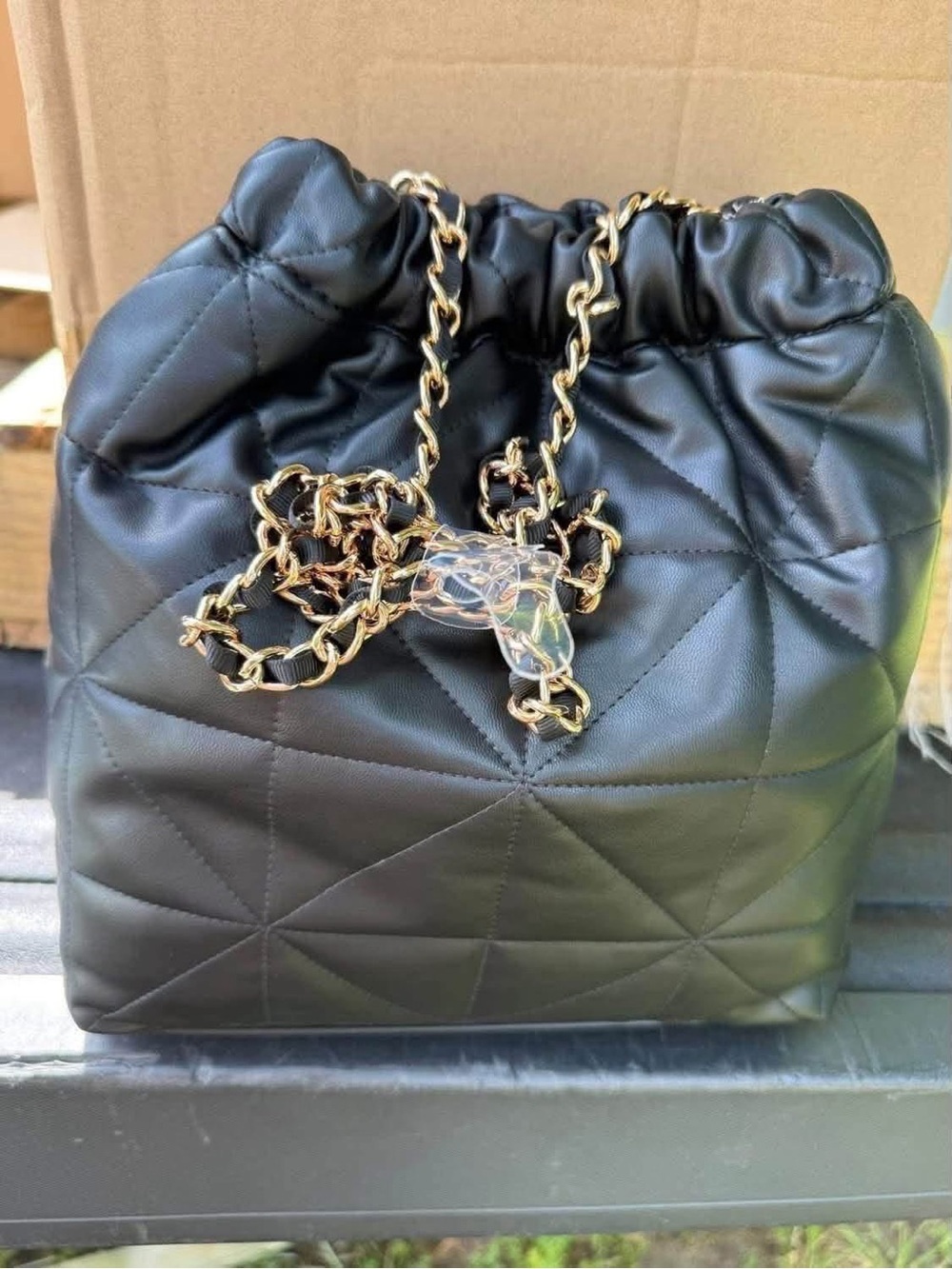 a new day Black Quilted Drawstring Crossbody with Gold Chain